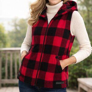 Lauren Ralph Lauren Women Vest Sz XL Fleece Red Black Buffalo Plaid Hood Pockets